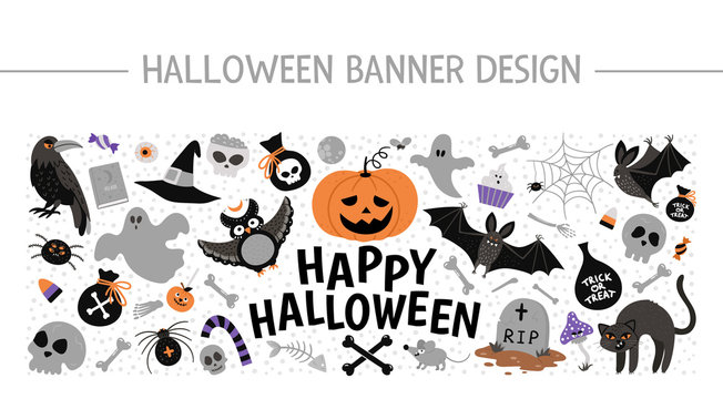 Vector horizontal layout frame with Halloween elements. Traditional Samhain party clipart set. Scary design for web banners, posters, invitations. Cute Autumn holiday card template..