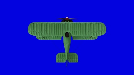 Old propeller biplane airplane. Top view. Blue screen background. 3d rendering