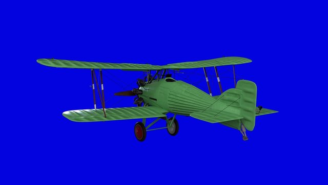 Old propeller biplane airplane. Blue screen background. 3d rendering