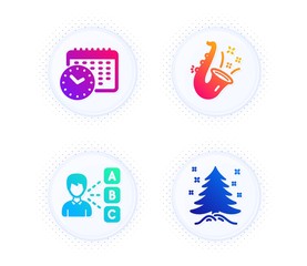 Jazz, Opinion and Calendar time icons simple set. Button with halftone dots. Christmas tree sign. Saxophone, Choose answer, Clock. Spruce. Business set. Gradient flat jazz icon. Vector