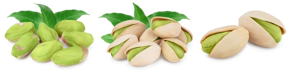 pistachio with leaves isolated on white background with clipping path and full depth of field. Set r collection