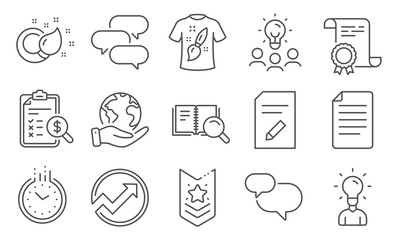 Set of Education icons, such as T-shirt design, Audit. Diploma, ideas, save planet. Shoulder strap, Search book, Accounting report. Education, Paint brush, Talk bubble. Vector
