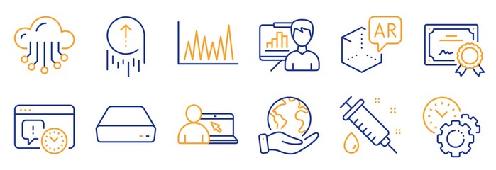 Set of Science icons, such as Cloud storage, Line graph. Certificate, save planet. Project deadline, Time management, Swipe up. Mini pc, Online education, Presentation board. Vector