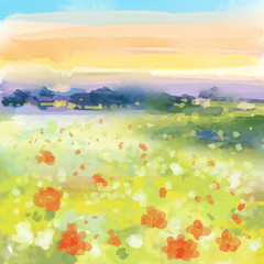 Abstract Sunset Landscape with Red and white Flowers - watercolor Illustration