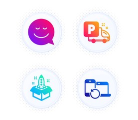 Smile, Truck parking and Startup icons simple set. Button with halftone dots. Recovery devices sign. Chat emotion, Free park, Innovation. Backup data. Business set. Gradient flat smile icon. Vector