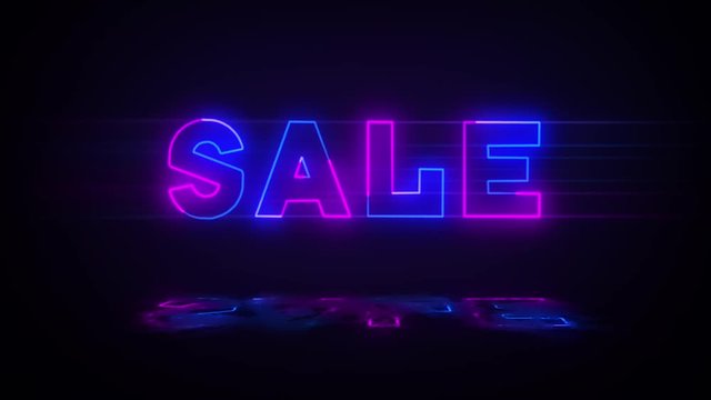 Animated Neon Bright Glowing Sale Text on Isolated Black Background. Business Promotional Concept Motion Graphic..