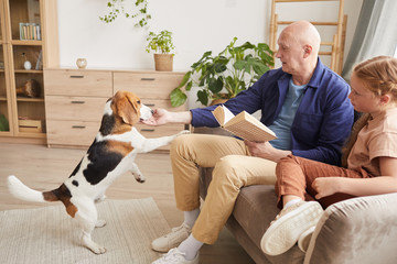Side view portrait of senior man playing with dog while enjoying reading in living room with...