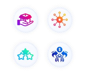 Multichannel, Hold box and Ranking stars icons simple set. Button with halftone dots. Sharing economy sign. Multitasking, Delivery parcel, Winner award. Share. Business set. Vector