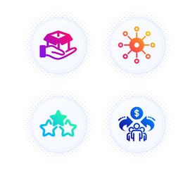 Multichannel, Hold box and Ranking stars icons simple set. Button with halftone dots. Sharing economy sign. Multitasking, Delivery parcel, Winner award. Share. Business set. Vector