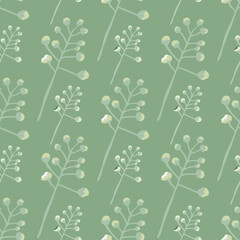 Minimalisric seamless pattern with light contoured cotton twigs. Pastel green background on stylized print.