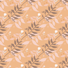 Seamless fall pattern with brown and light color branch forest bouquets. Orange background. Botanic backdrop.