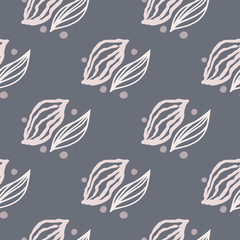 Simple seamless pattern with white contoured leaves. Outline botanic shapes on grey background.