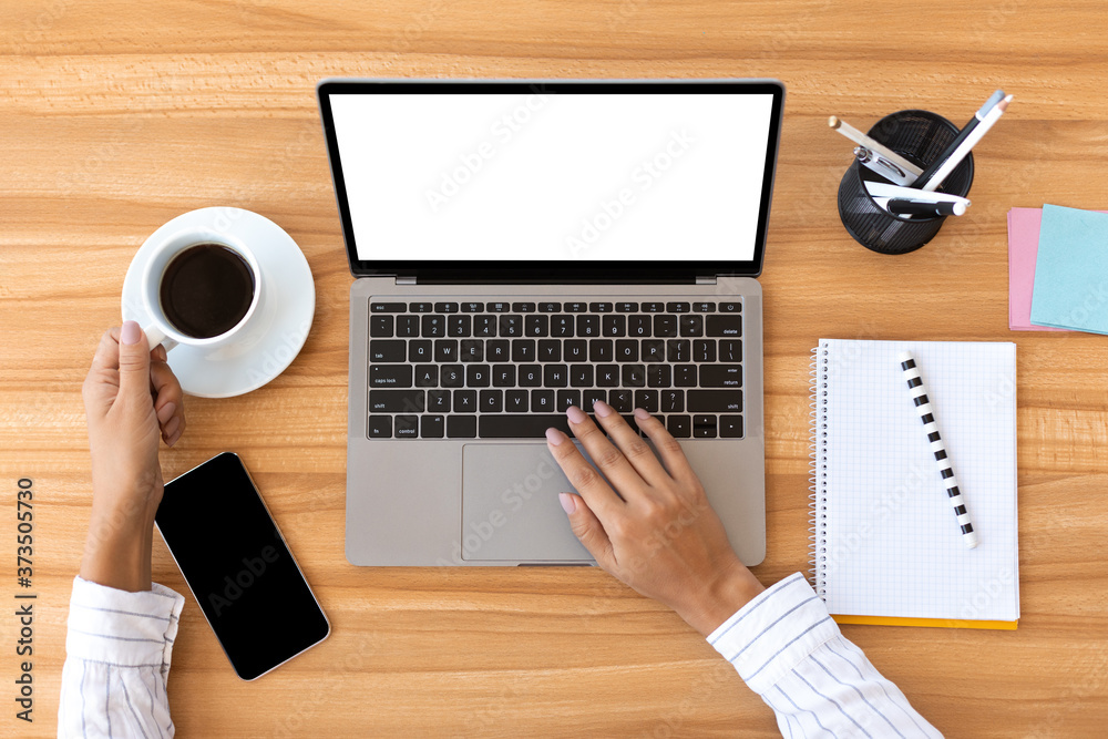 Aufkleber top view woman using personal computer at home