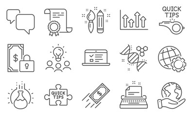 Set of Education icons, such as Tutorials, Quick tips. Diploma, ideas, save planet. Private payment, Chemistry experiment, Fast payment. Web lectures, Globe, Chemistry dna. Vector