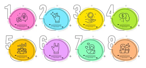 Idea, Move gesture and Pay signs. Timeline steps infographic. Horns hand, Love and Teamwork results line icons set. Cleaning, Employee hand symbols. Gesture palm, Woman in love. People set. Vector