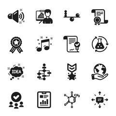 Set of Education icons, such as Musical note, Idea. Certificate, approved group, save planet. Chemistry experiment, Approved agreement, Presentation board. Balance, Loud sound, Block diagram. Vector