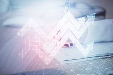 Blue arrow over woman's hands taking notes background. Concept of success. Double exposure