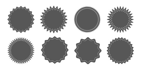 Set of vector starburst, sunburst badges. Black icons on white background. Simple flat style vintage labels, stickers.