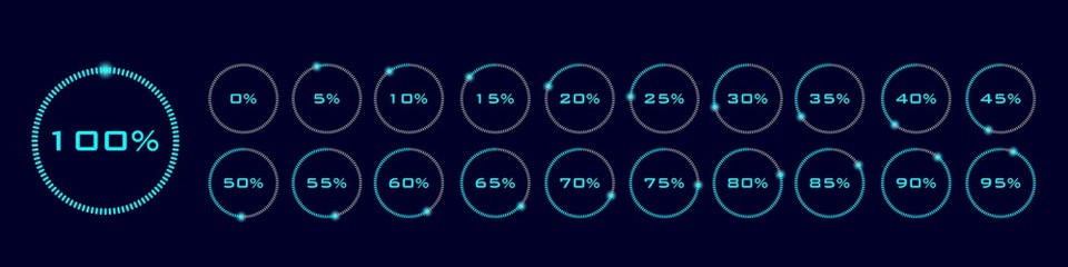 Download progress indicator with percents. Set of circular progress bar icons vector. Collection of 21 elements. Isolated loading icon and sign set on black background, blue round bar elements.