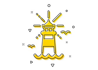 Beacon tower sign. Lighthouse icon. Searchlight building symbol. Yellow circles pattern. Classic lighthouse icon. Geometric elements. Vector