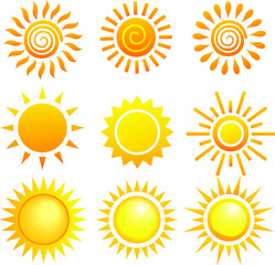 Set of decorative different sun icons isolated on white background.
