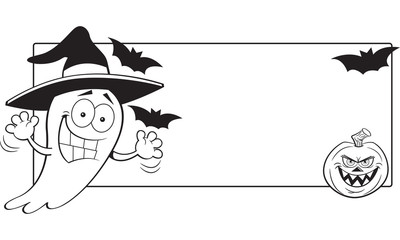 Black and white illustration of a ghost wearing a witch hat next to a banner with a pumpkin and bats.