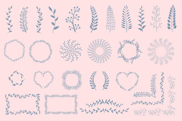 Set of black laurels branches. Flower ornament dividers collection. Vintage laurel wreaths. Hand drawn vector laurel leaves decorative elements. Leaves, swirls, ornate, award, icon. Vector illustratio