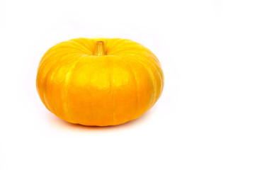 Yellow pumpkin on a white isolated background. Close-up, side view. Background for your Halloween illustrations or lettering.