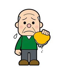 空の財布と落ち込む高齢男性