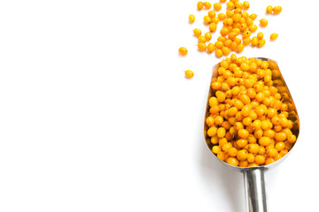 Fresh sea buckthorn in a scoop on a white background. A scattering of sea buckthorn berries. Copy space