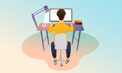 A young guy works at home at the table. Computer work. Freelance, online education, social media concept. Vector illustration, new fresh design. Cozy interior, bright workplace.