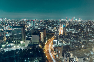 Night view of Tokyo City, traffics and buildings.
