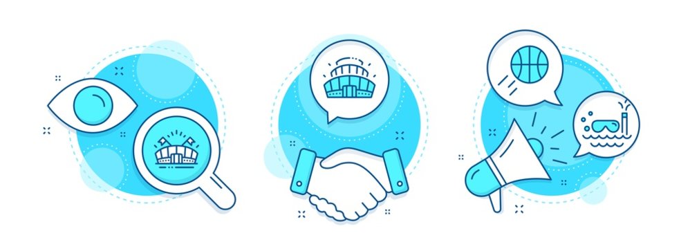 Scuba diving, Basketball and Sports arena line icons set. Handshake deal, research and promotion complex icons. Arena stadium sign. Trip swimming, Sport ball, Event stadium. Vector