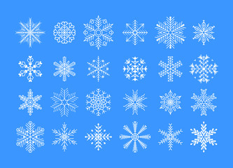 Snowflakes collection for design Christmas and New Year banner and cards. Winter flat vector decorations elements. Winter set of white snowflakes isolated on blue background. 