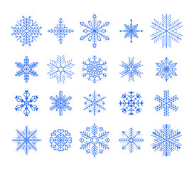 Fototapeta na wymiar Snowflakes set. Winter flat vector decorations elements. Christmas design vector. Snowflakes blue isolated on white background. Vector illustration, EPS 10.