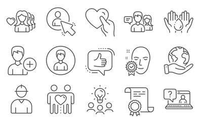 Set of People icons, such as Person, Wash hands. Diploma, ideas, save planet. Hold heart, Like, Woman love. Engineer, Face verified, Faq. Friends couple, People talking, Add person. Vector