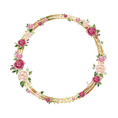 Gold round frame with flowers. Geometric crystal polyhedron shape on white background