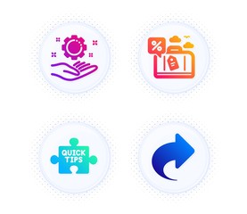Quick tips, Travel loan and Employee hand icons simple set. Button with halftone dots. Share sign. Tutorials, Trip discount, Work gear. Link. Technology set. Gradient flat quick tips icon. Vector