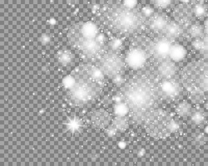 White sparks and stars glitter special light effect. Christmas abstract pattern. Sparkling magic dust particles. Vector sparkles on transparent background.