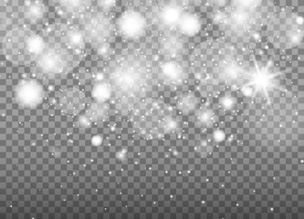 White sparks and stars glitter special light effect. Christmas abstract pattern. Sparkling magic dust particles. Vector sparkles on transparent background.	