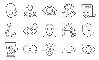Set of Medical icons, such as Health eye, Problem skin. Diploma, ideas, save planet. Eyeglasses, Face detection, Disabled. Mint leaves, Ambulance emergency, Farsightedness. Vector