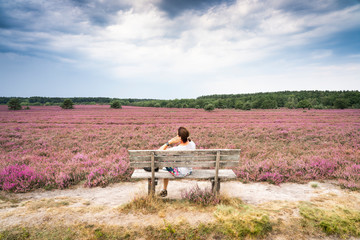 senior woman enjoying the tranquillity of a landscape with blooming erica and juniper bushes in the Luneburg heather near Wilsede Mountain, Niedersachsen, Germany, landscape