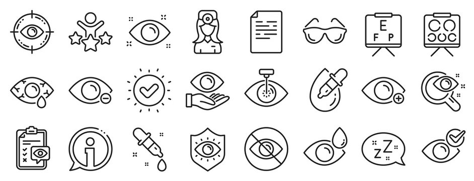 Medical laser surgery, glasses and eyedropper. Optometry, Eye doctor line icons. Pink eye, Cataract surgery and allergy icons. Vision exam problem, optician board, oculist chart. Vector