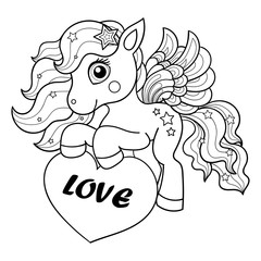 Little unicorn holds a heart. Love lettering. Black and white vector illustration