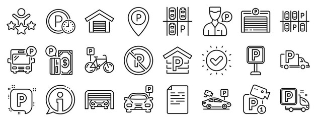Car garage, Valet servant and Paid transport parking icons. Parking line icons. Video monitoring, Bike or Car park and Truck or Bus transport garage. Money payment, Map pointer and Free park. Vector