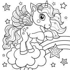 Cute unicorn on a rainbow with stars. Black and white illustration. Vector © Zerlina