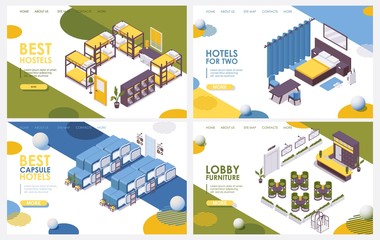 Vector isometric set landing page of hotel, hostel, lobby and capsule hotel without people