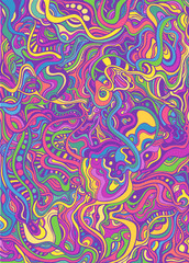 Fototapeta na wymiar Abstract ornamental doodle style line psychedelic hippie art colorful background.