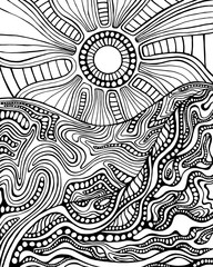 Black and white doodle style landscape with mountain and sun coloring page.