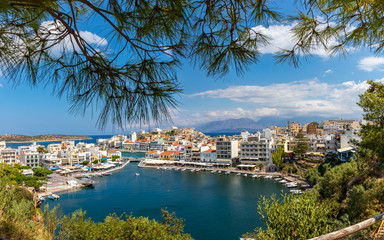 Agios Nikolaos, Greece - August 9, 2020 - View of the bay of Agios Nikolaos with the famous port.